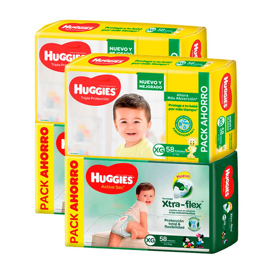 2 packs Huggies Triple Protección XG+ 2 packs Huggies Active Sec XG