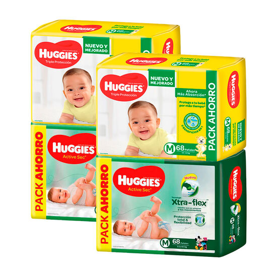 2 packs Huggies Triple Protección M + 2 packs Huggies Active Sec M