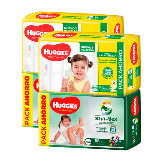 2 packs Huggies Triple Protección XXG + 2 packs Huggies Active Sec XXG